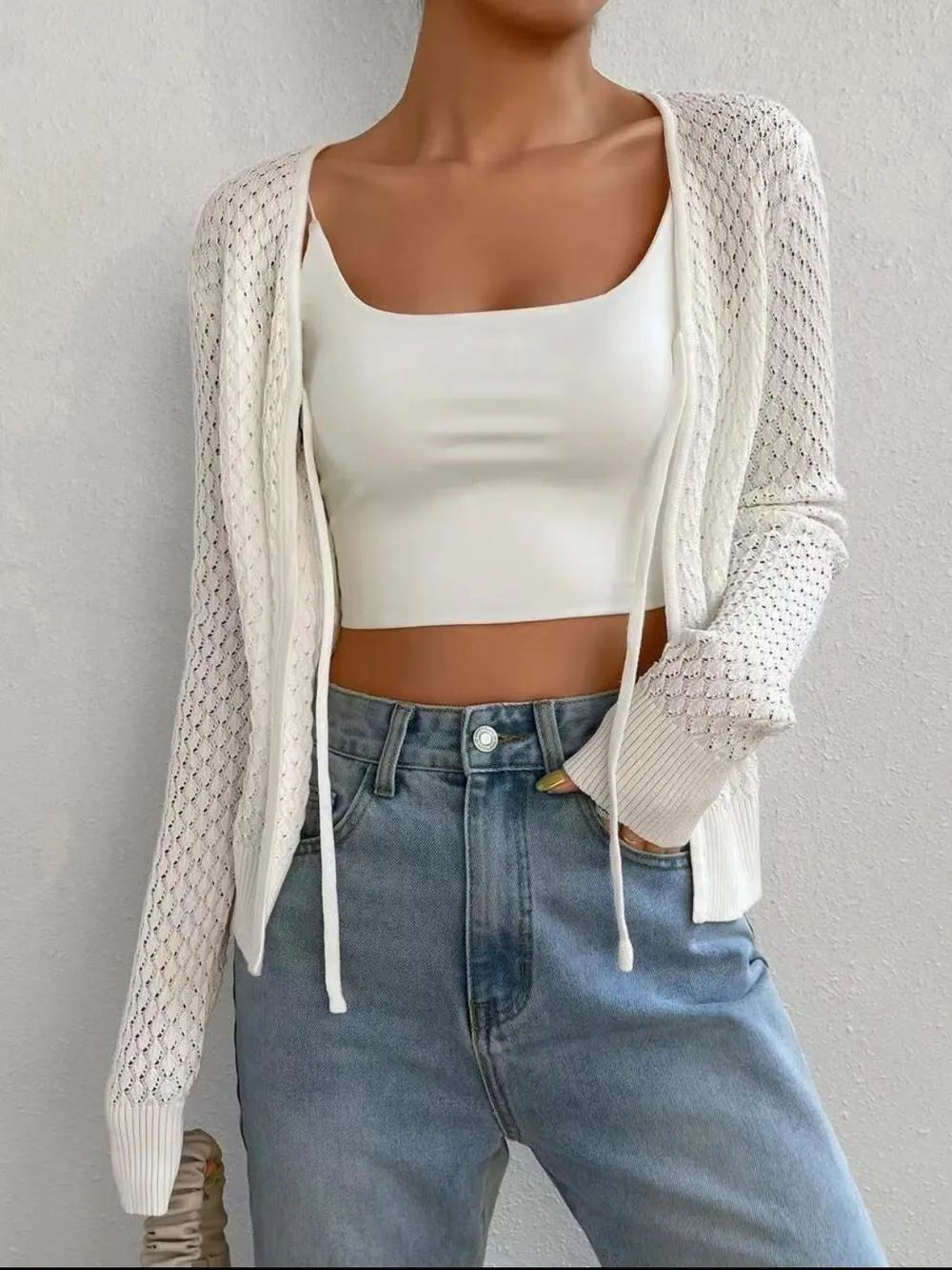 Tied Openwork V-Neck Long Sleeve Cardigan, image 6