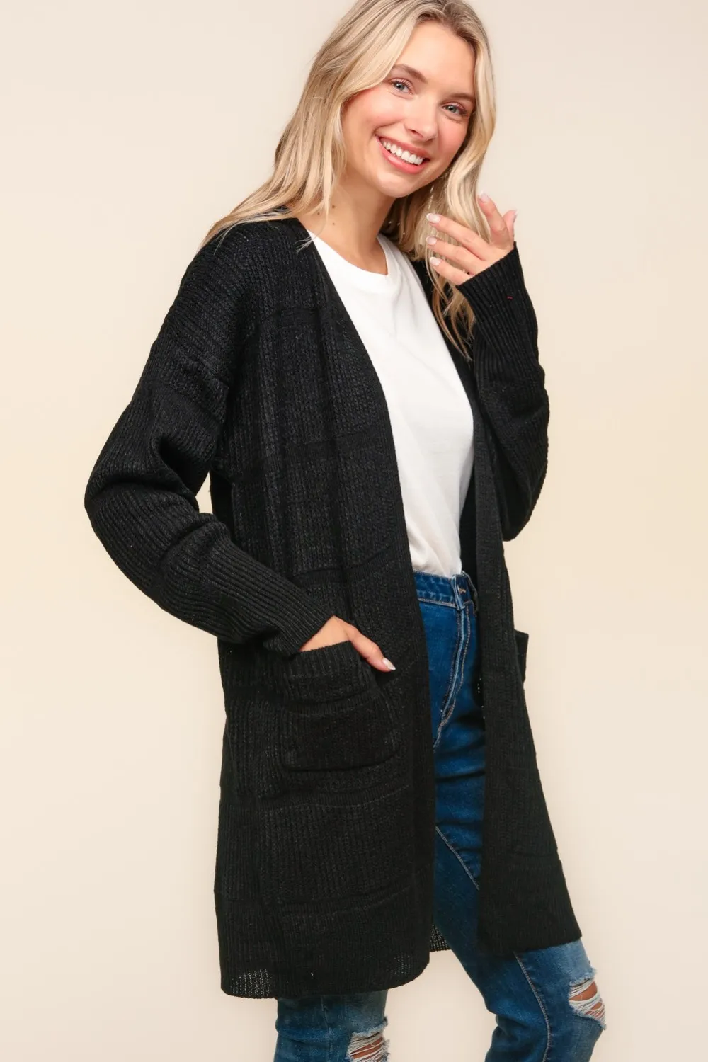 Stripe Textured Open Front Cardigan with Pockets, image 3