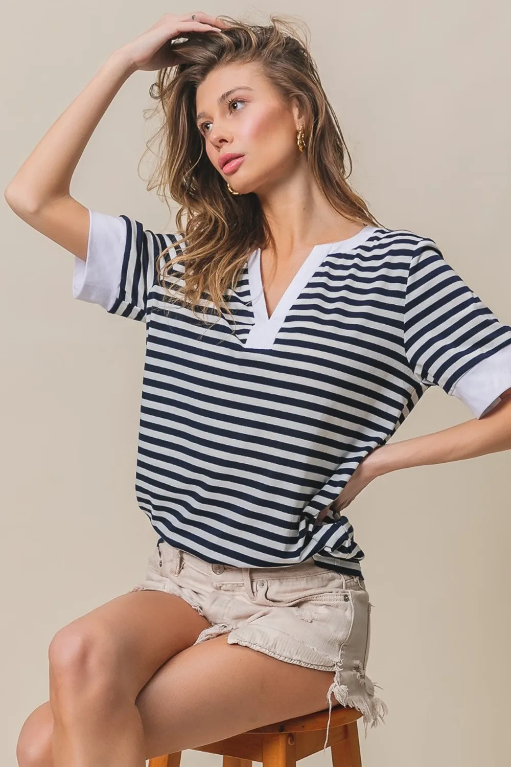 Contrast Striped Notched Knit Top, image 3