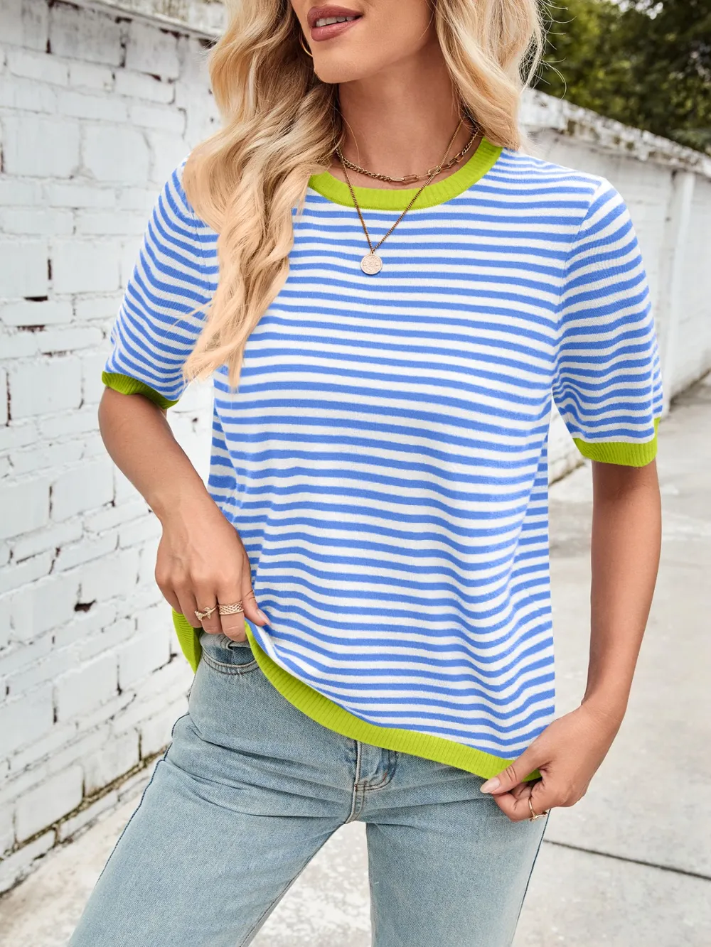 Striped Contrast Round Neck Half Sleeve Knit Top, image 31