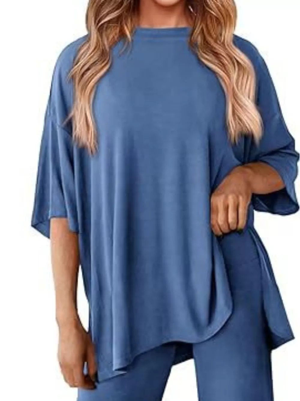 Slit Round Neck Top and Pants Set, image 3