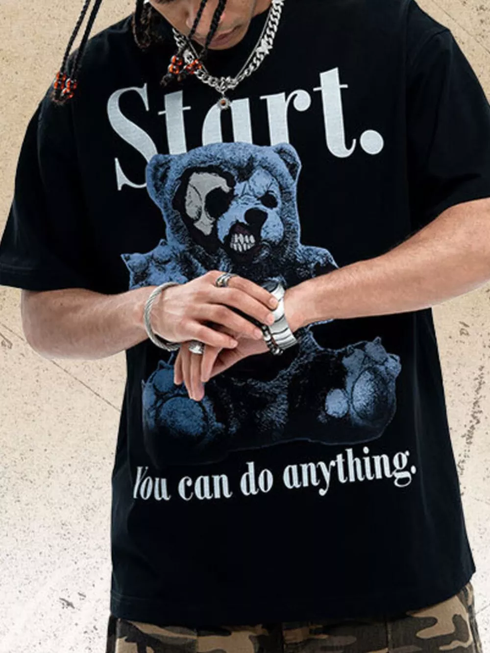 Men's Teddy Bear Graphic Round Neck Oversized T-Shirt, image 2