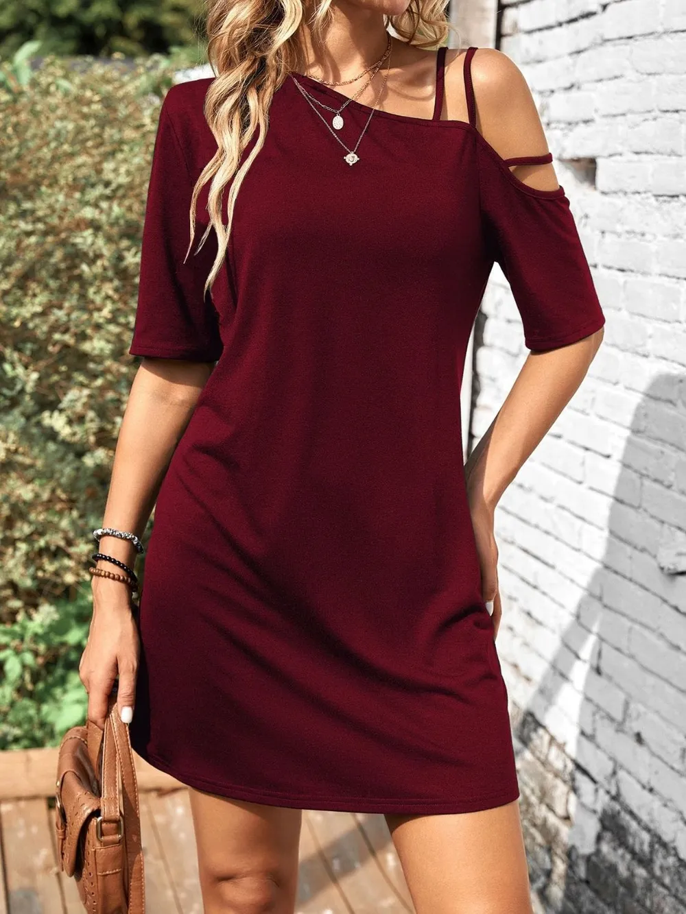 Asymmetrical Neck Half Sleeve Mini Dress, image 6