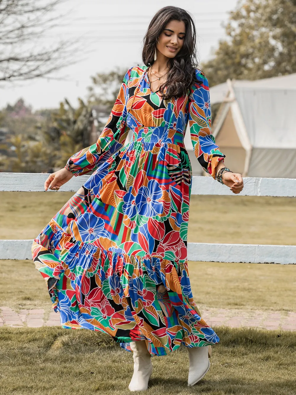 Printed Smocked Tie Neck Balloon Sleeve Maxi Dress, image 3