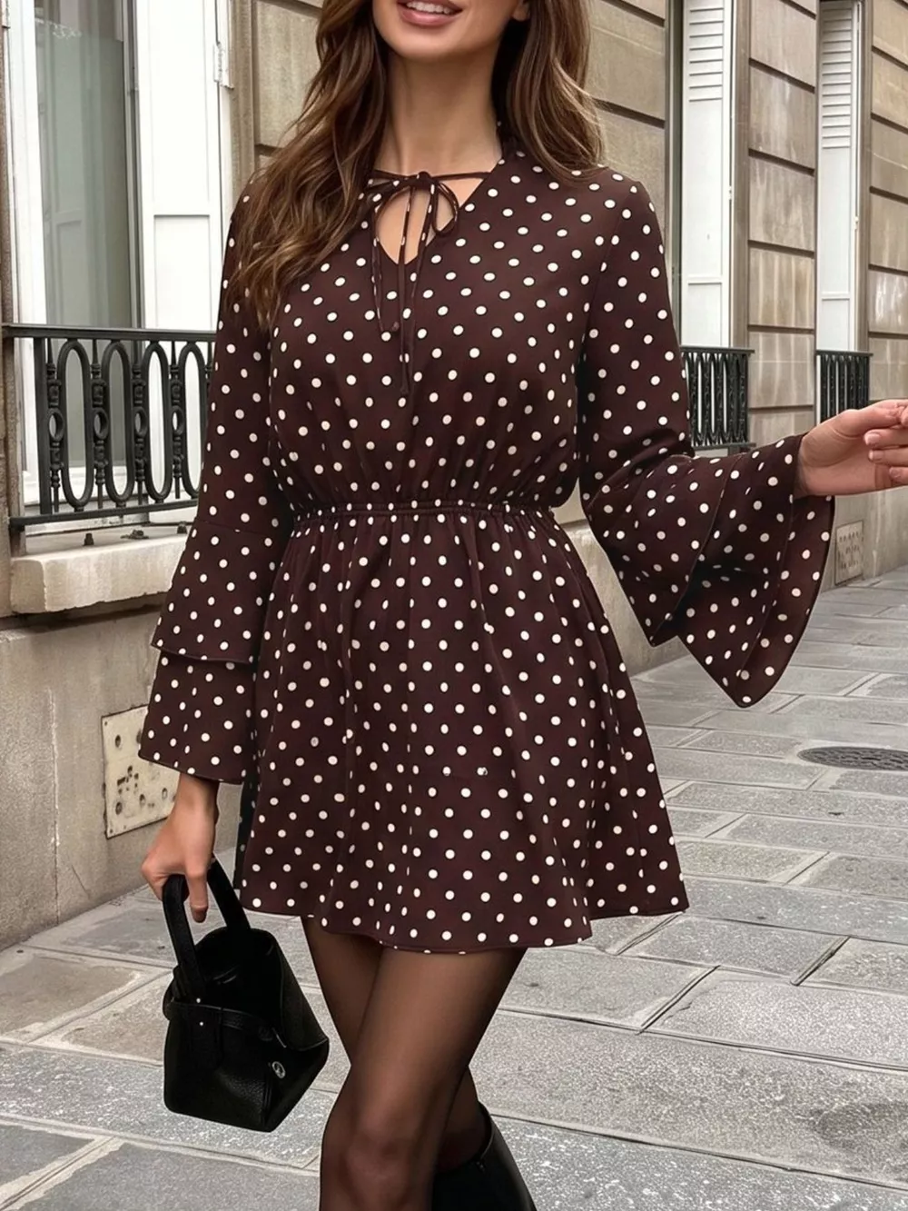 Polka Dot Flare Sleeve Tie Neck Dress, image 5