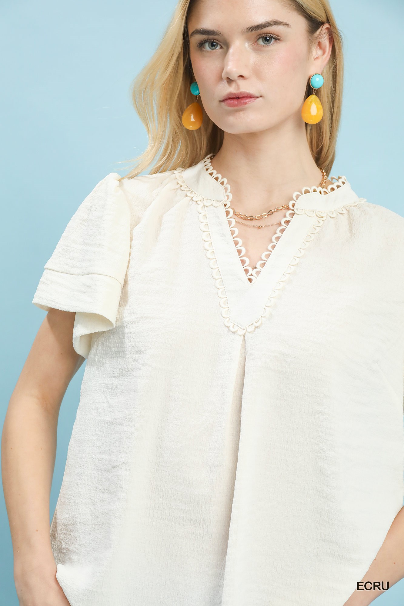 Seersucker Short Sleeve Top with Lace Trim, image 2