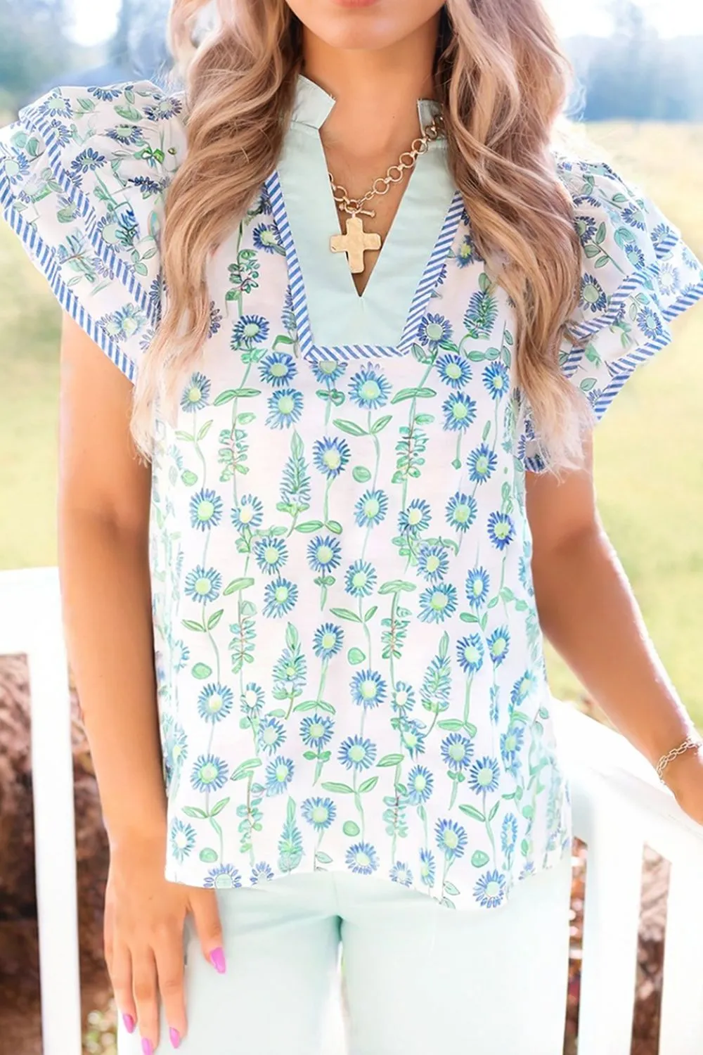 Floral Print Notched Ruffled Sleeve Blouse, image 2