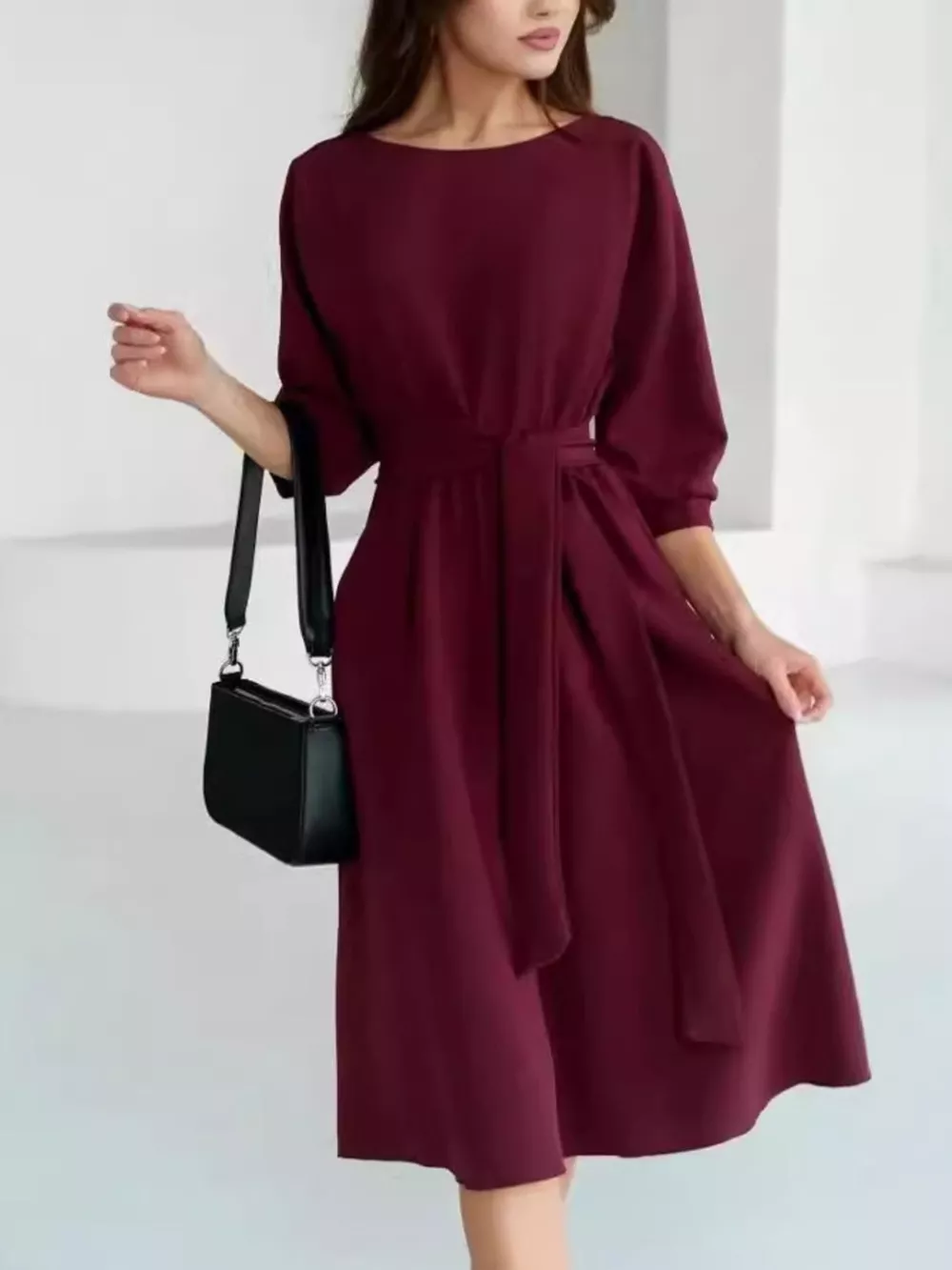 Elegant Belted Waist Midi Dress, image 8