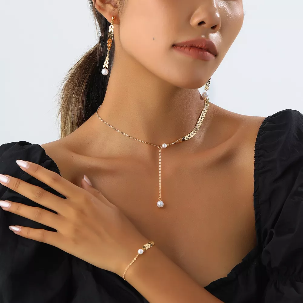 Wheat‑Spike Faux Pearl Necklace Bracelet Earrings 3‑Pcs Jewelry Set, image 2