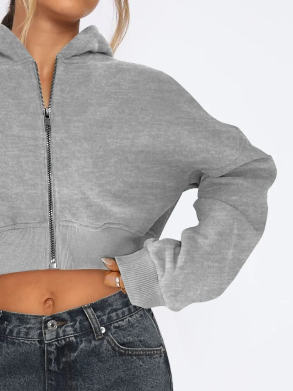 Zip Up Long Sleeve Hooded Cropped Jacket, image 4