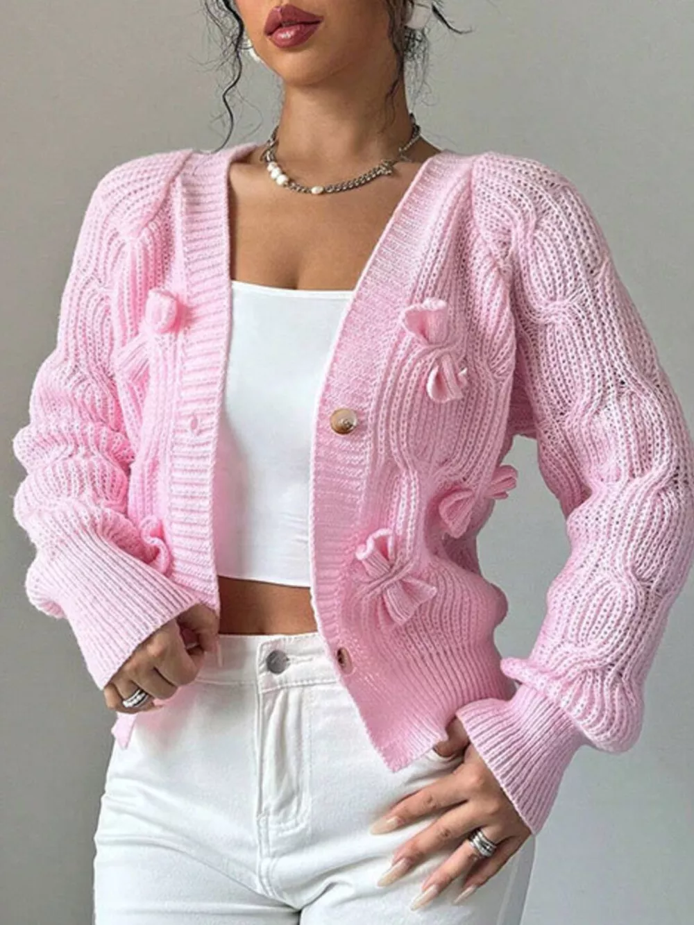 Bow Cable Knit V-Neck Cardigan, image 3