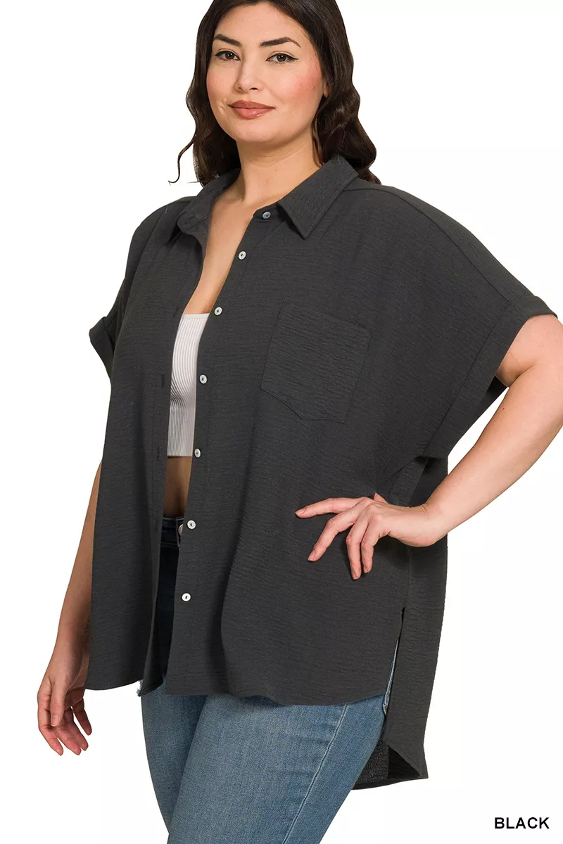 Full Size Woven Airflow Button Down Shirt Plus Size, image 3