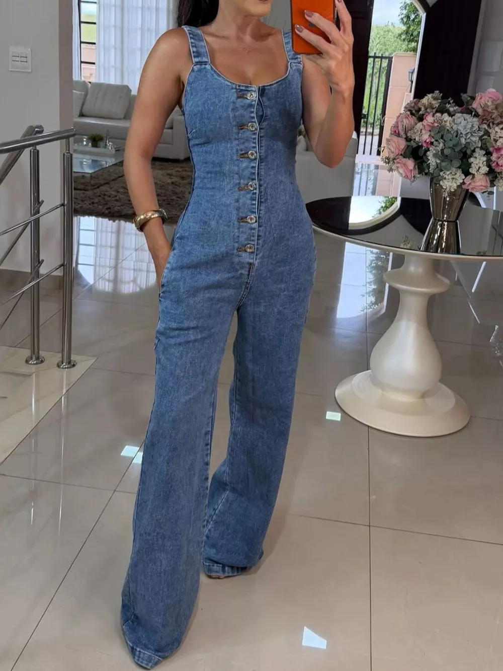 Sleeveless Button Front Wide-Leg Denim Jumpsuit, image 2
