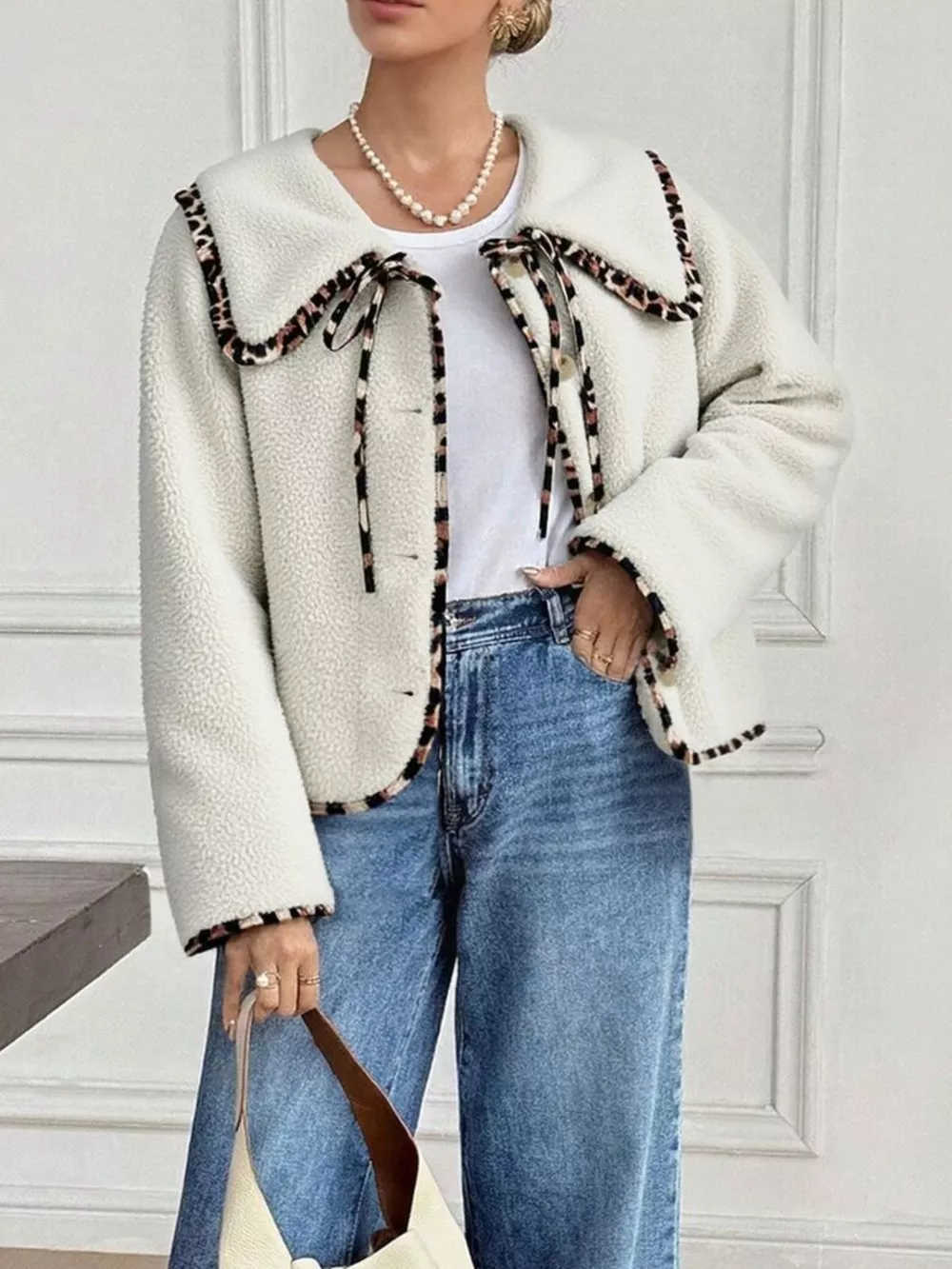 Leopard Trim Contrast Collar Sherpa Jacket
