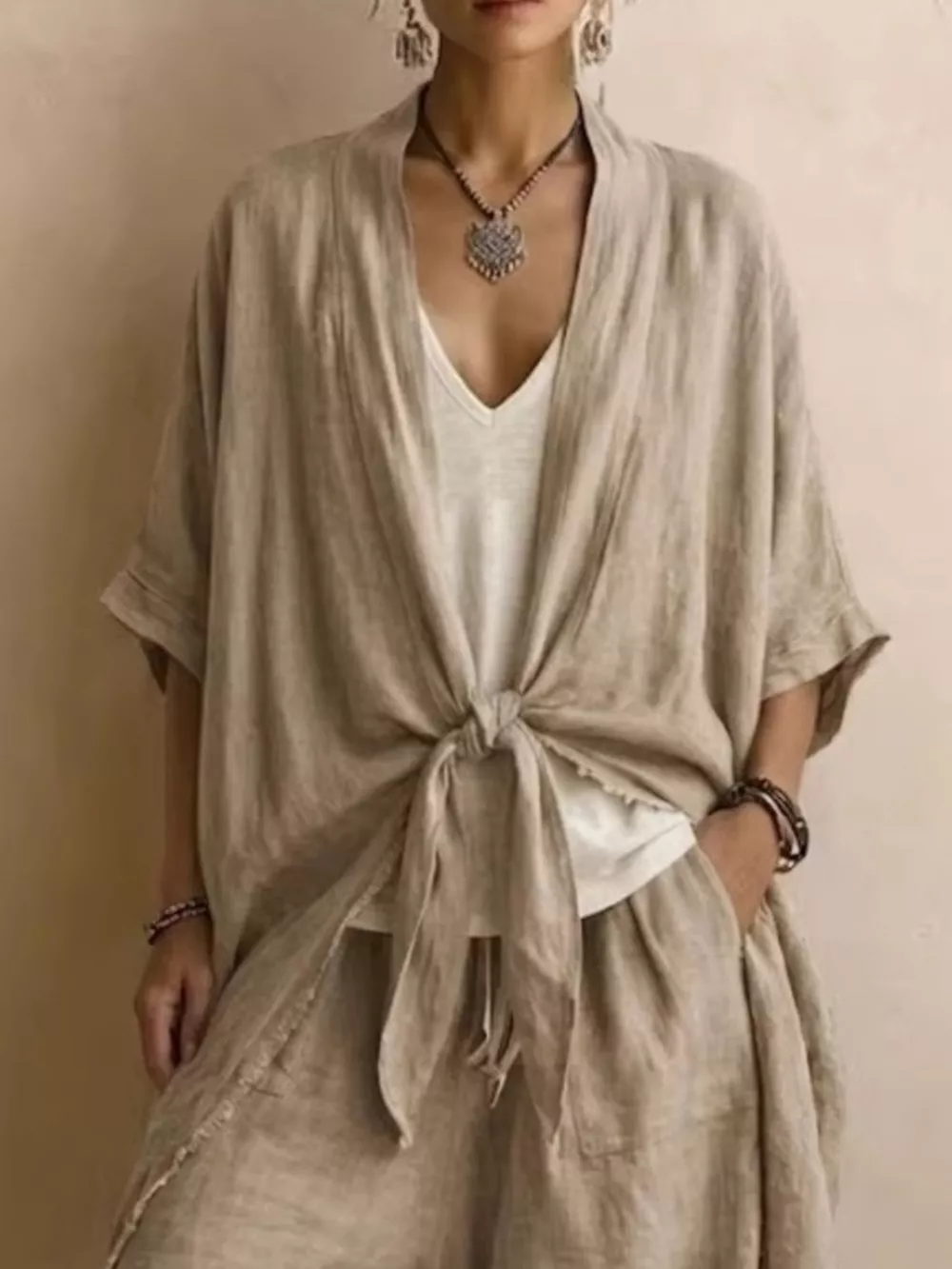 Full Size Tie-Front Cardigan and Wide-Leg Pants Set Plus Size, image 2