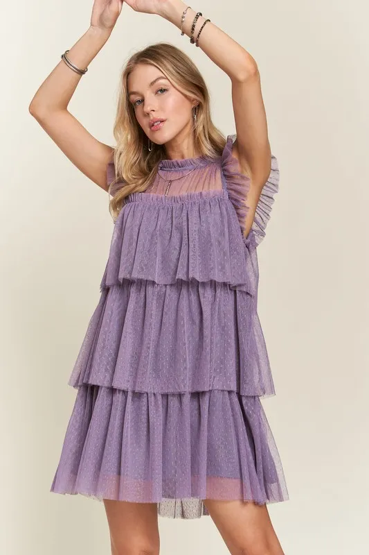 Layered Ruffled Cap Sleeve Mesh Dress, image 4