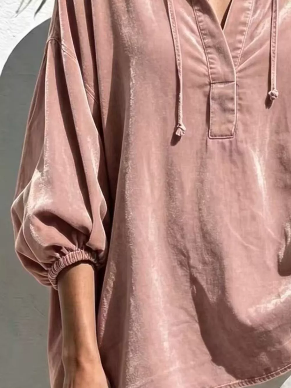 Full Size Oversized Velvet Collared Neck Drawstring Blouse Plus Size, image 10