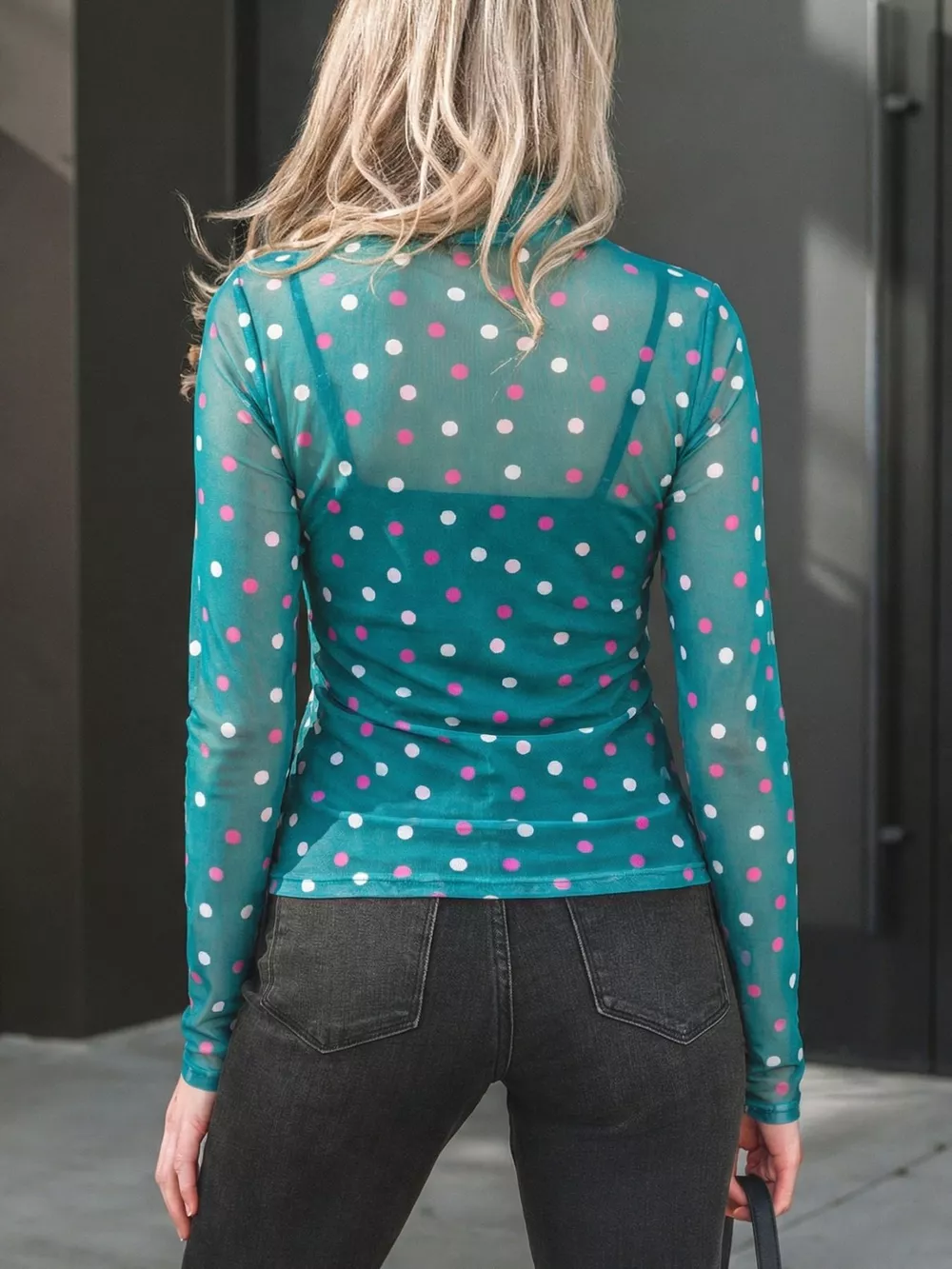 Polka Dot Patterned Bodycon Mock Neck Mesh Long Sleeve Top, image 4