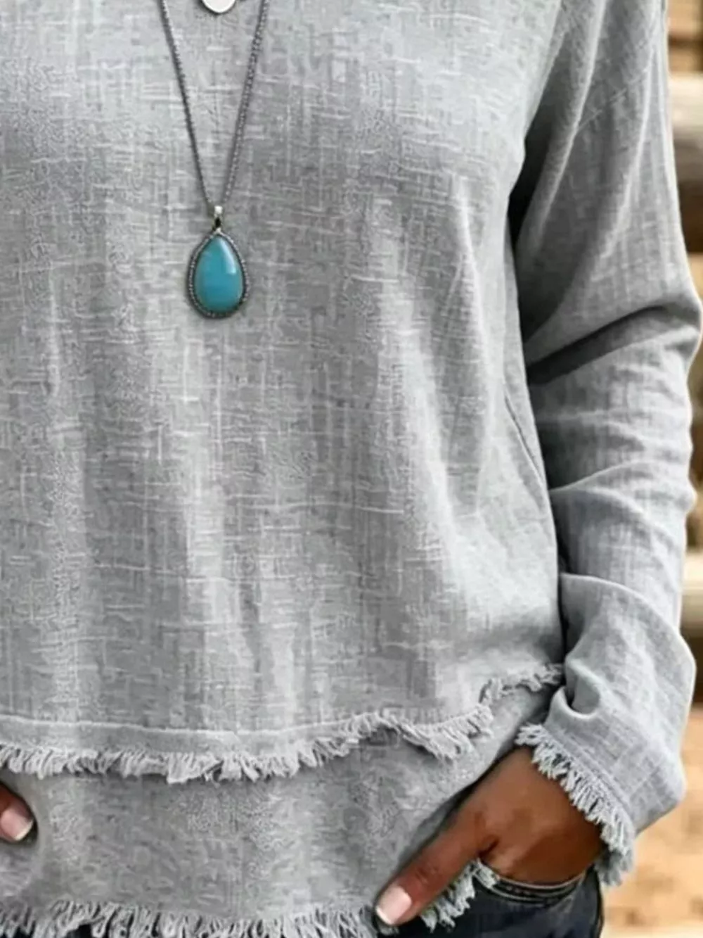 V-Neck Frayed Hem Long Sleeve T-Shirt, image 6