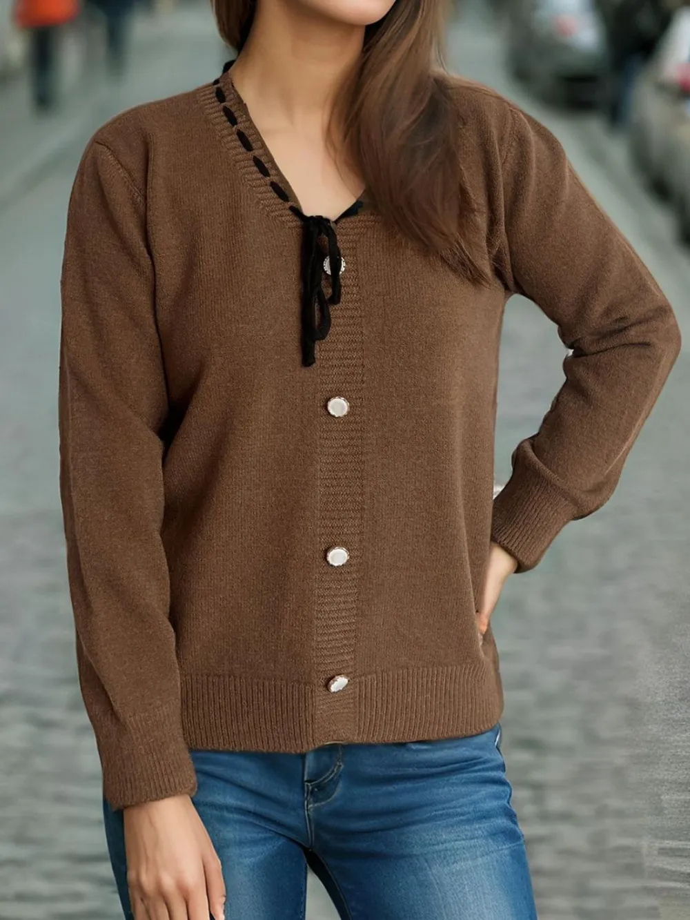 Tied V-Neck Long Sleeve Sweater, image 5