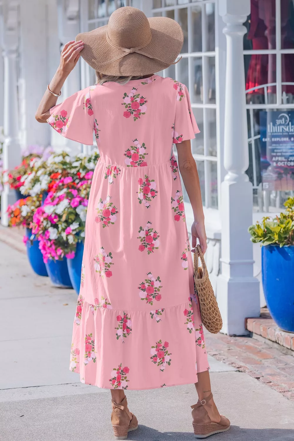 Notched Neck Flutter Short Sleeve Floral Print Dress, image 2