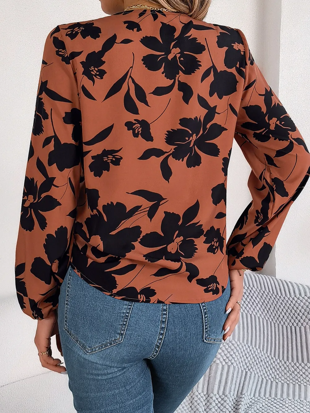 Printed V-Neck Long Sleeve Blouse, image 8