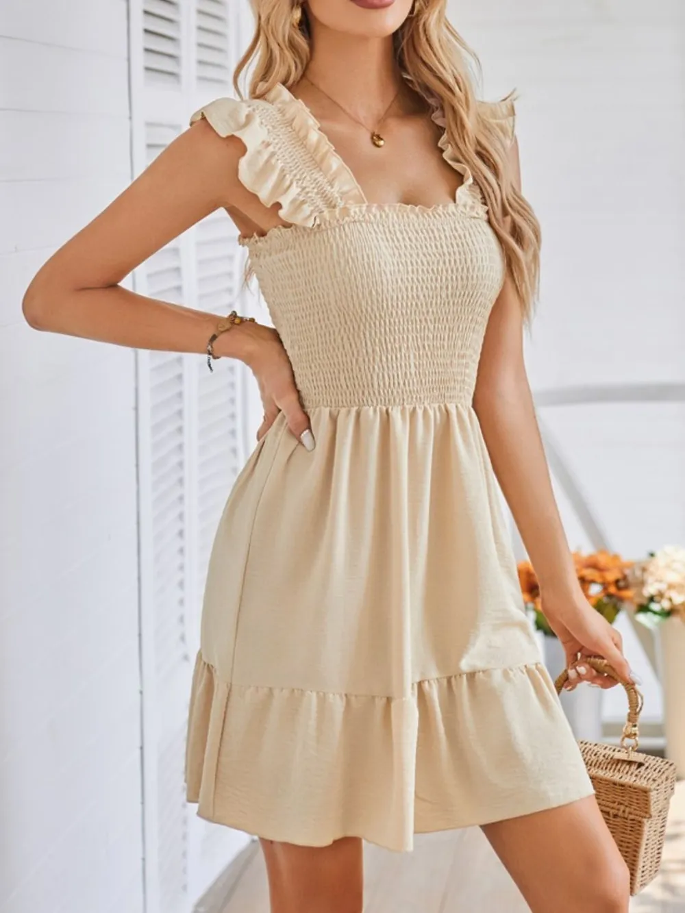 Smocked Square Neck Wide Strap Dress, image 4