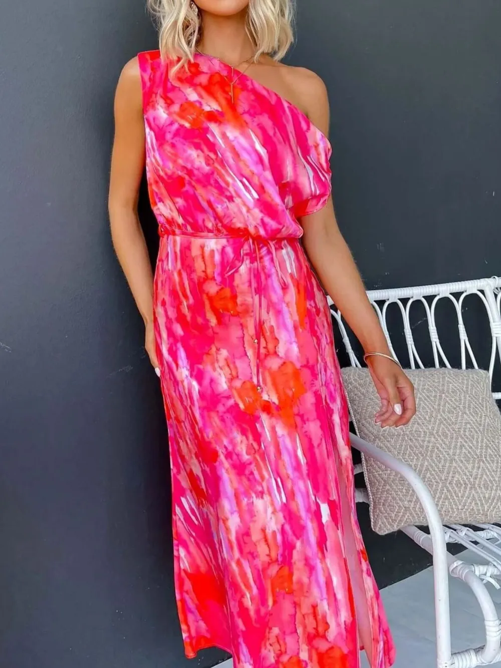 One Shoulder Printed Dress with Slit, image 7