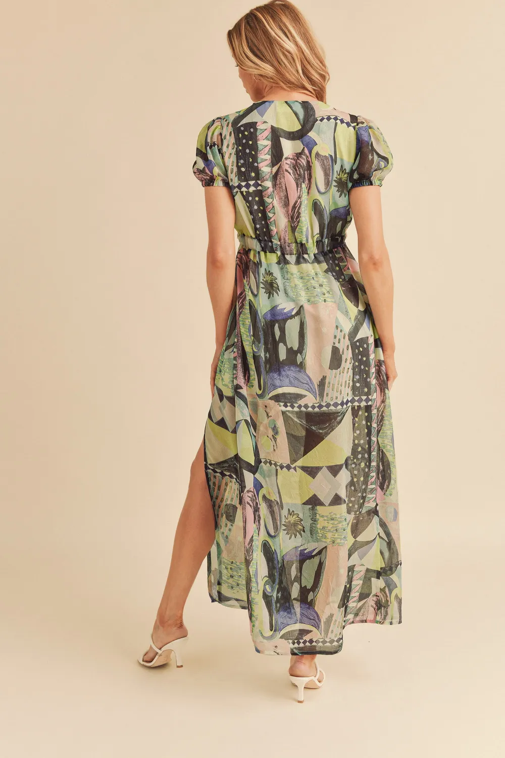 Lace Detail Slit Geometric Print Short Sleeve Maxi Dress, image 2