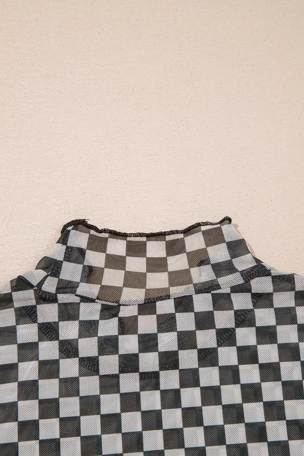 Plaid Stand Neck Long Sleeve Mesh Top, image 8