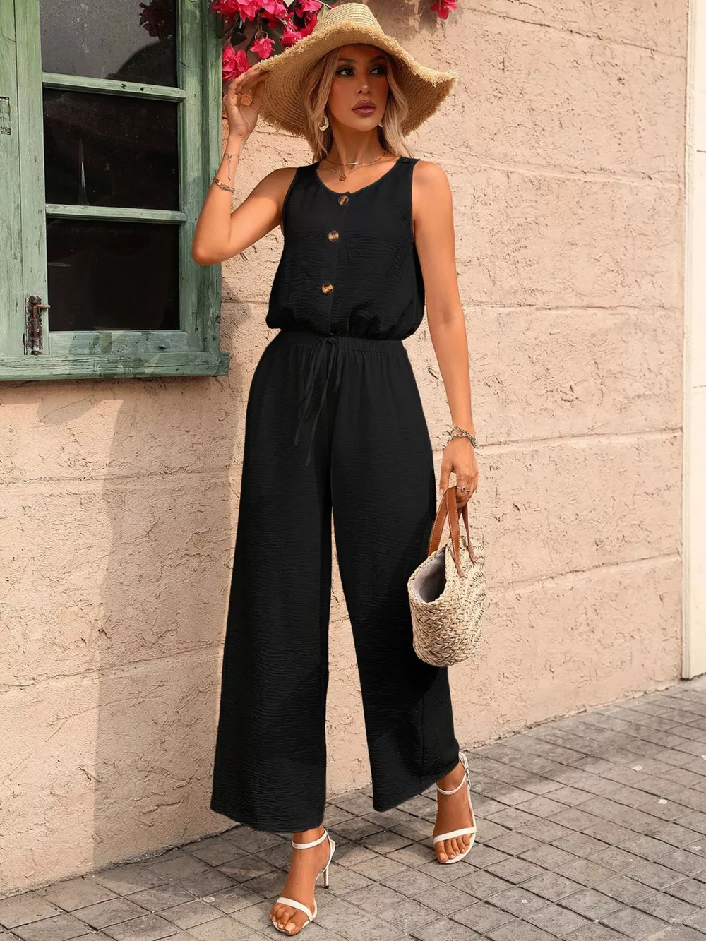 Sleeveless Button-Front Wide Leg Jumpsuit, image 3