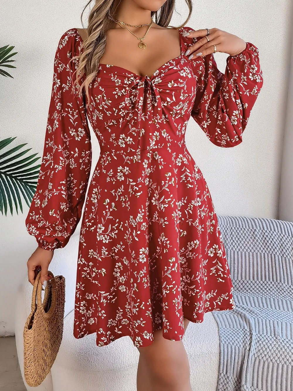 Printed Sweetheart Neck Balloon Sleeve Mini Dress, image 12