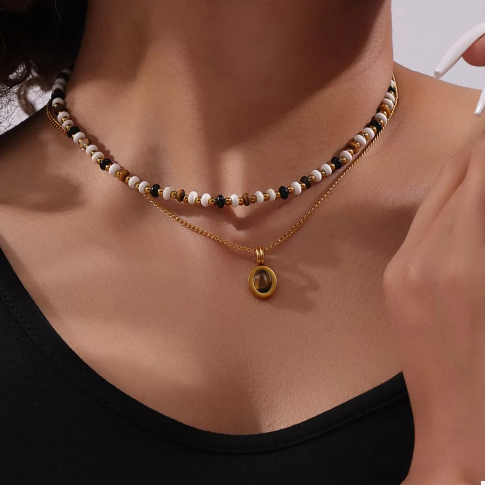 2 Piece Natural Stone and Gold Chain Necklace with Pendant, image 2