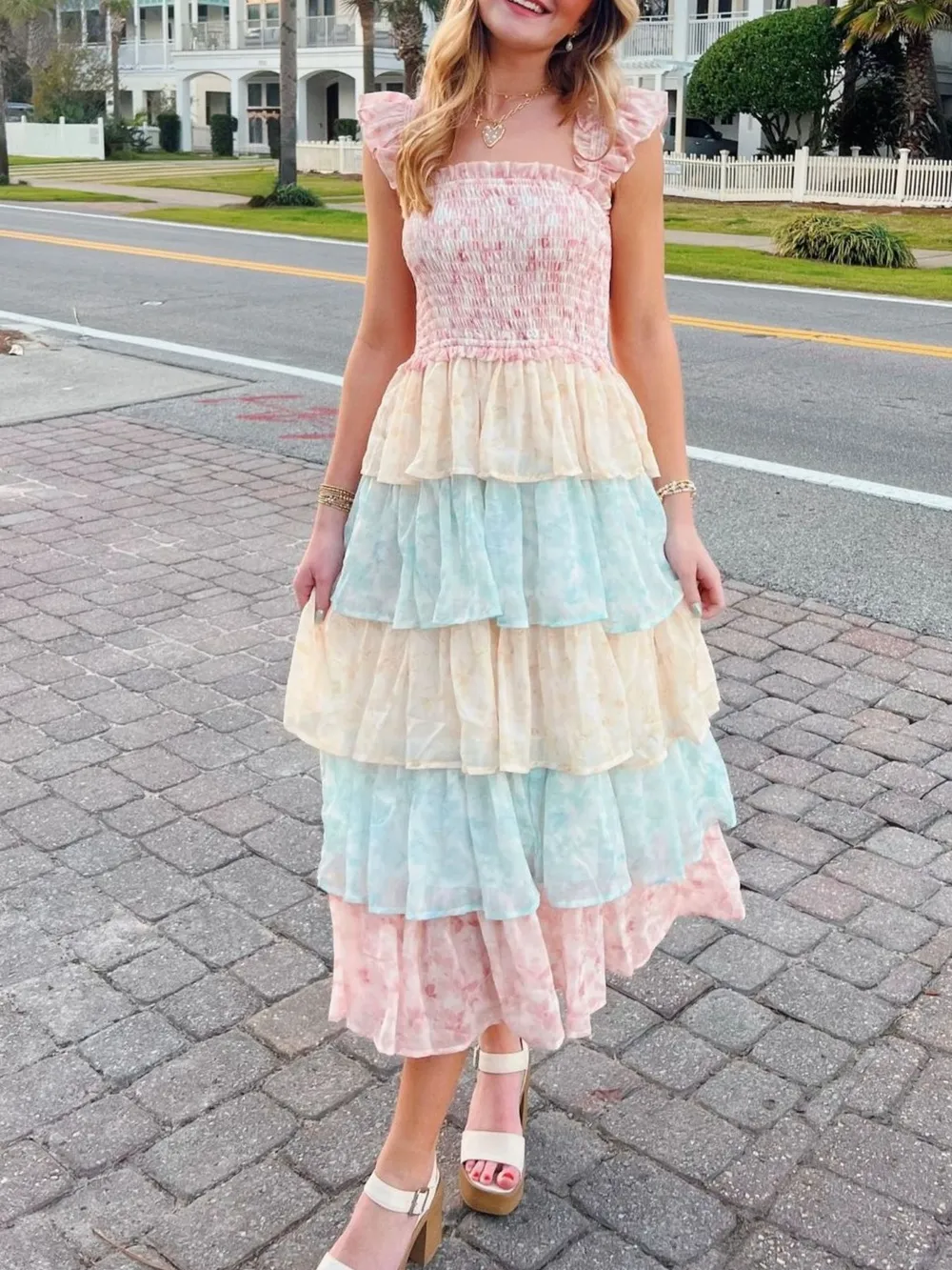 Smocked Ruffle Layered Floral Midi Dress, image 4
