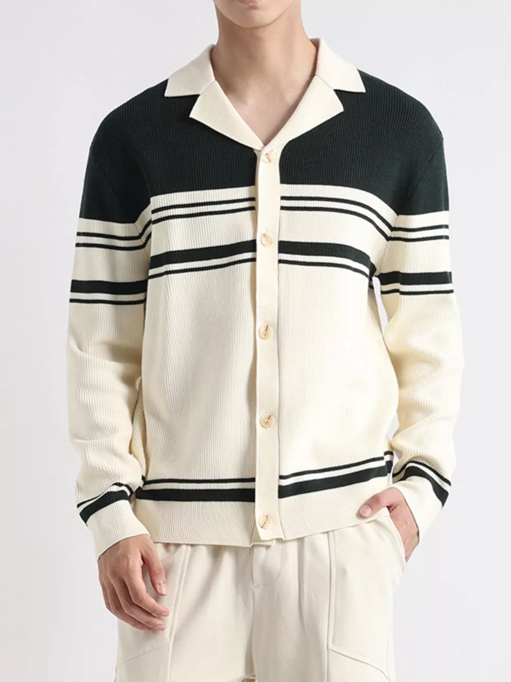 Men's Plus Size Contrast Striped Button-Down Cardigan