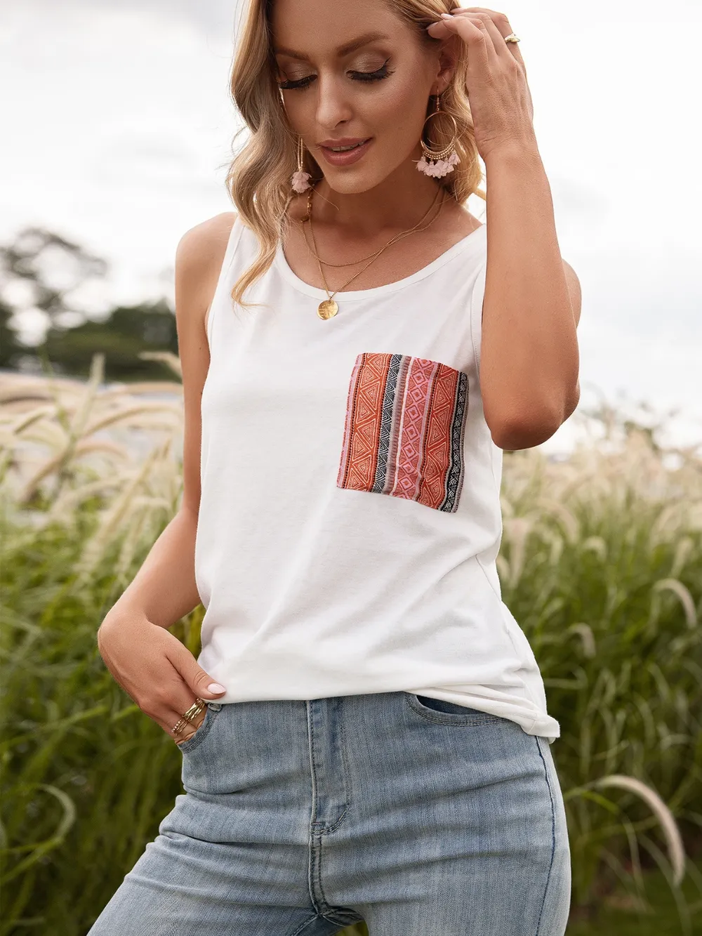 Pocketed Printed Round Neck Tank, image 2