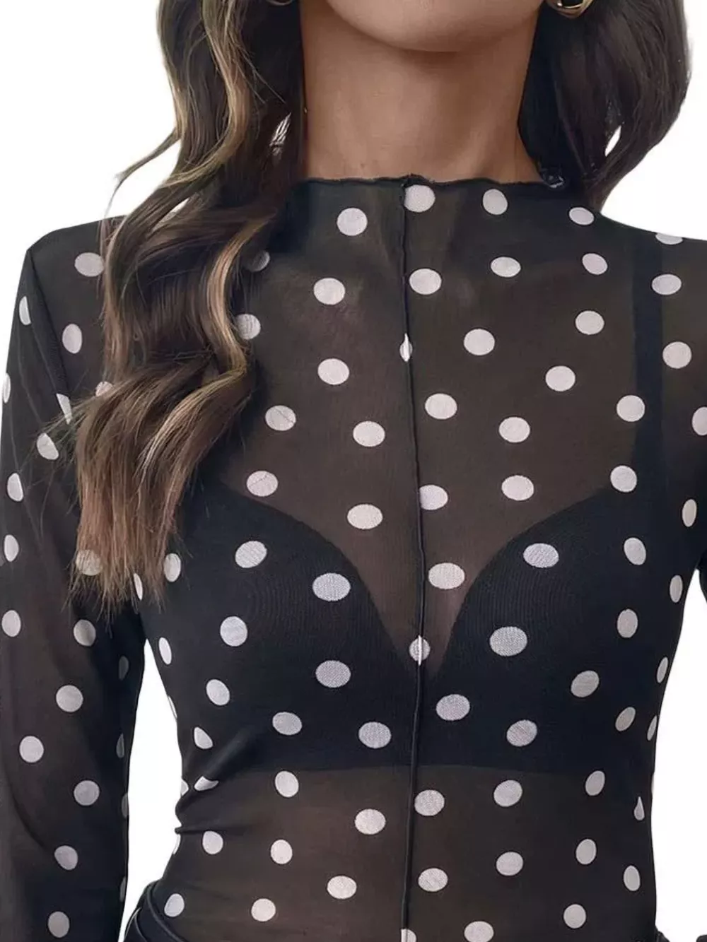 Sheer Polka Dot Long Sleeve Mock Neck Top, image 3
