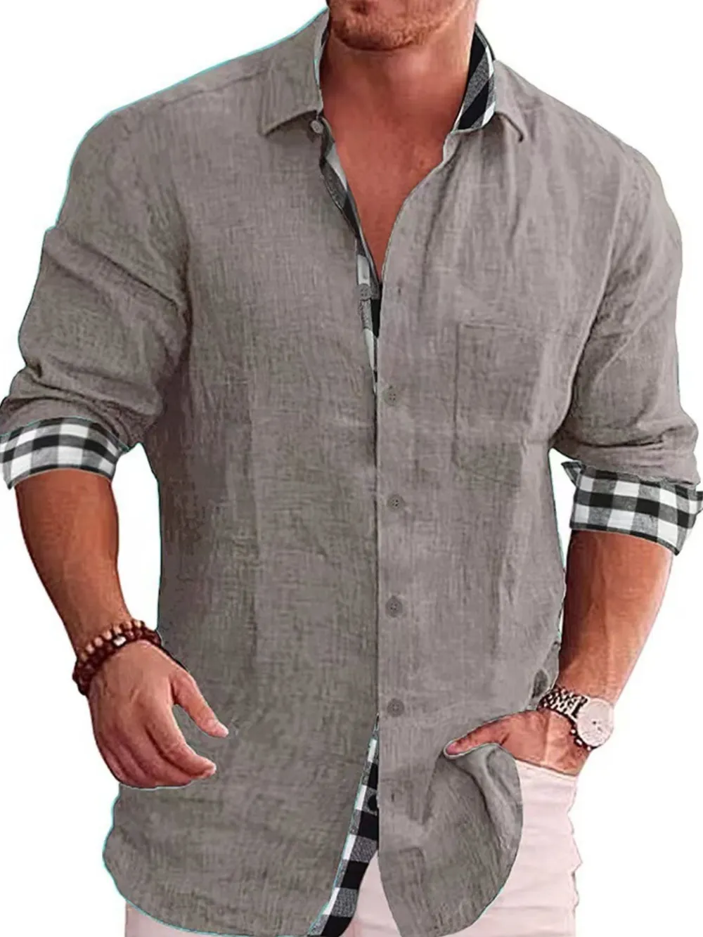 Men's Full Size Casual Linen Plaid-Trim Button Down Shirt Plus Size, image 4