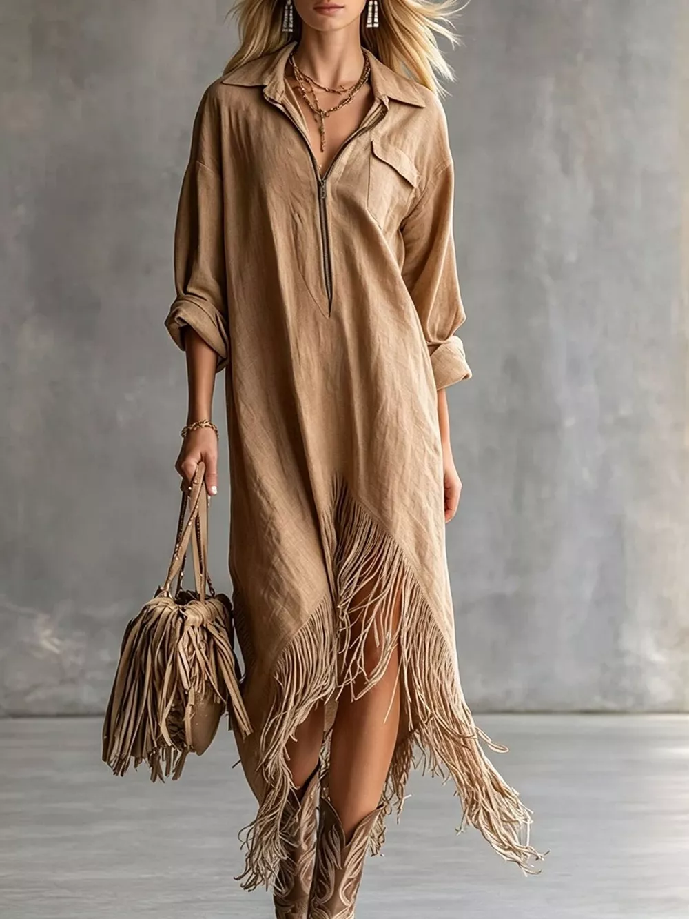 Zipper-Front Fringe Hem Midi Dress, image 8