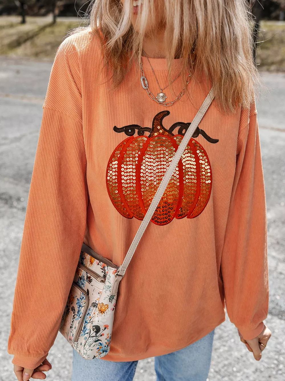 Halloween Sequined Pumpkin Ribbed Round Neck Sweatshirt, image 4