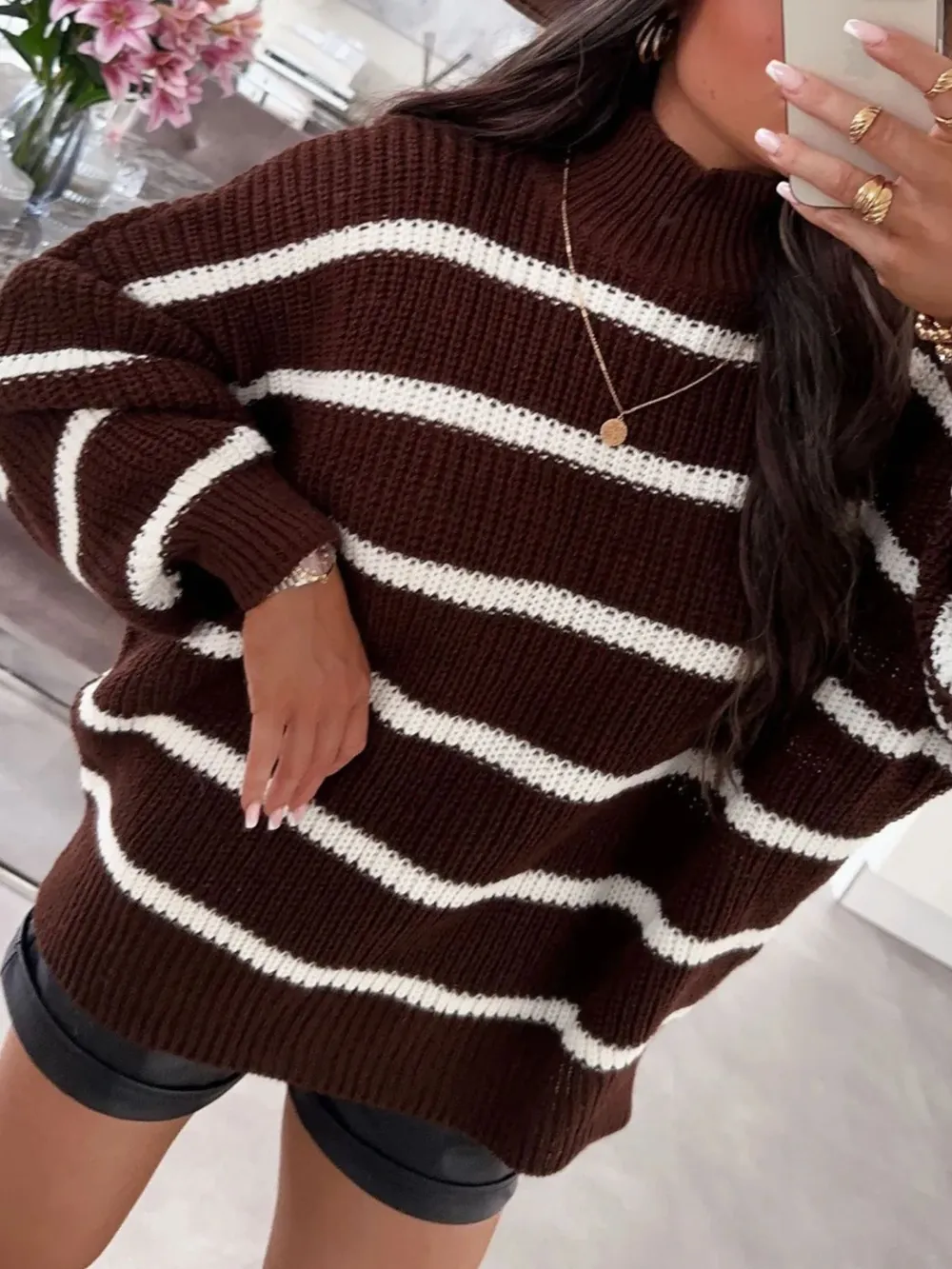 Striped Turtleneck Long Sleeve Sweater, image 3