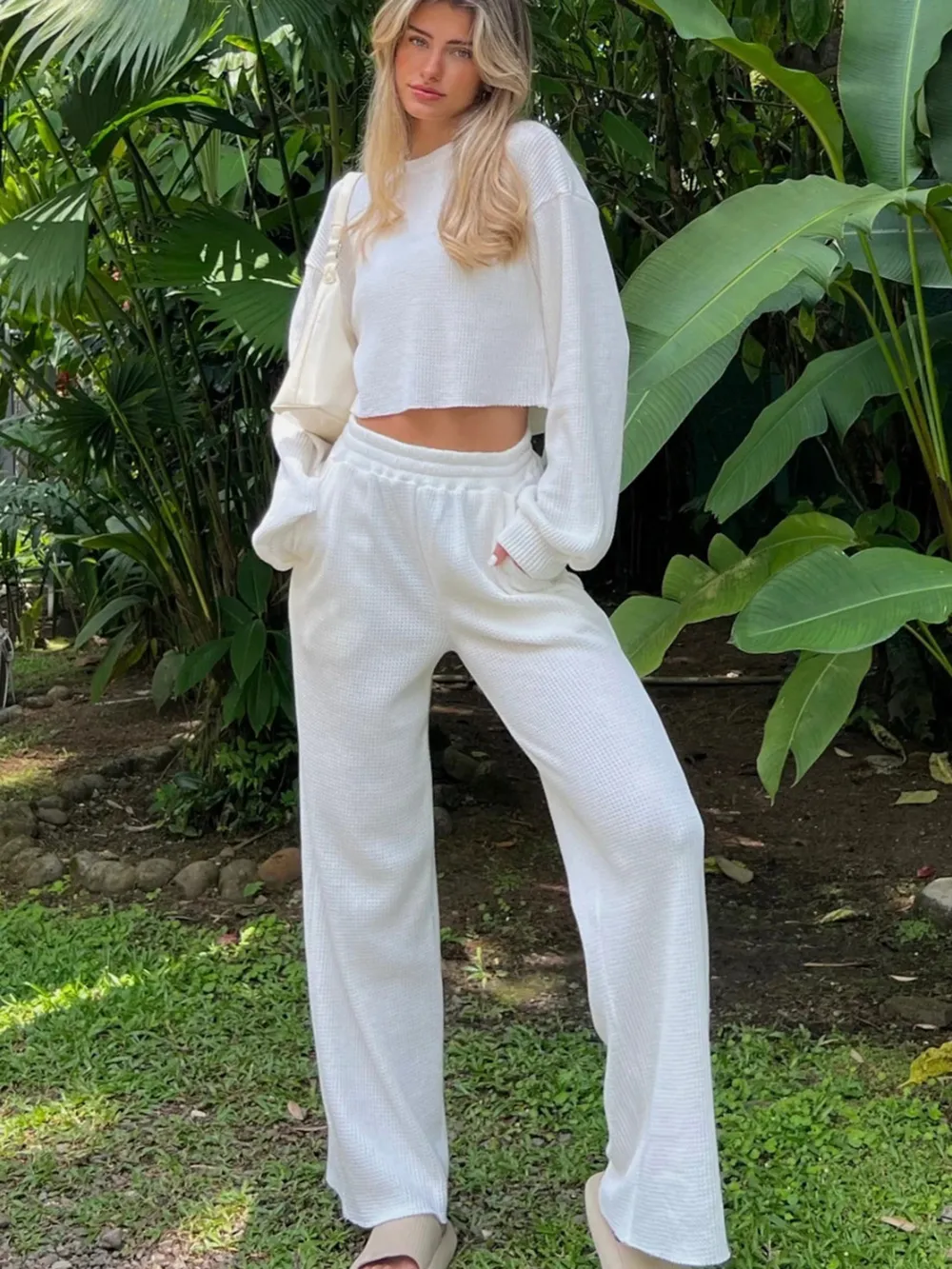 Waffle-Knit Round Neck Top and Pants Set, image 6