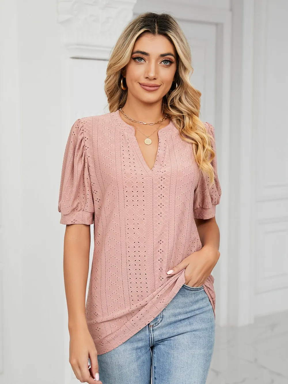 Eyelet Notched Short Sleeve T-Shirt, image 9