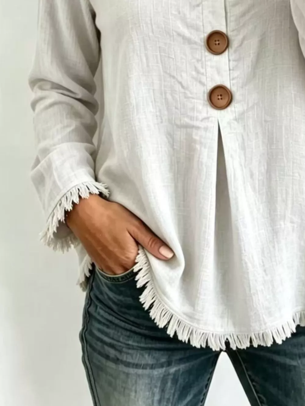 Full Size Casual Half-Button Blouse with Frayed Hem Detail Plus Size, image 6
