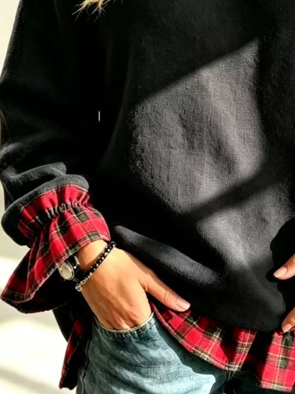 Full Size Cold-Shoulder Plaid Patchwork Long Sleeve Top Plus Size, image 6