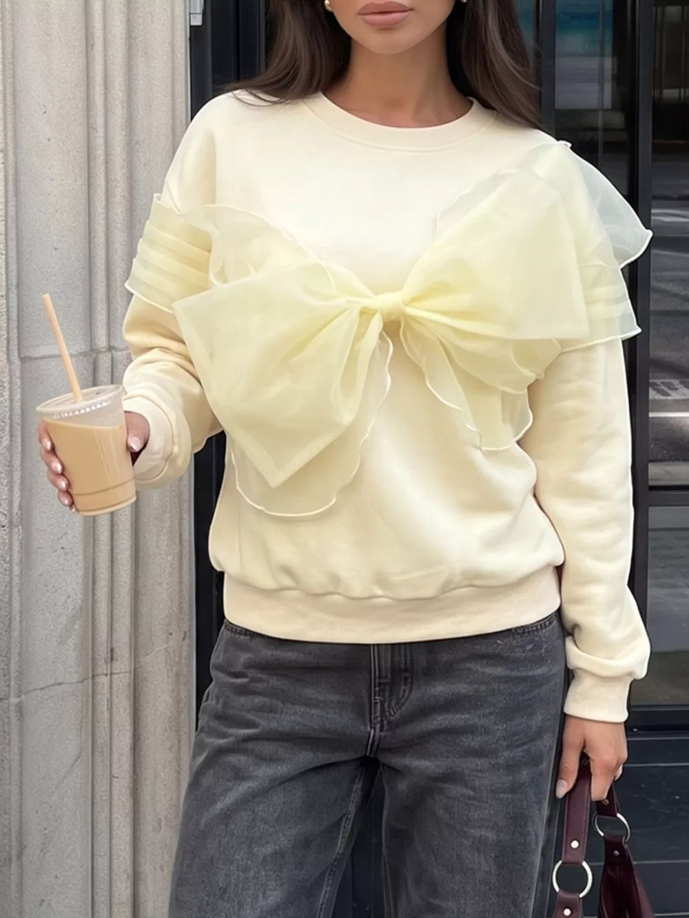 Bow Round Neck Long Sleeve Sweatshirt, image 3
