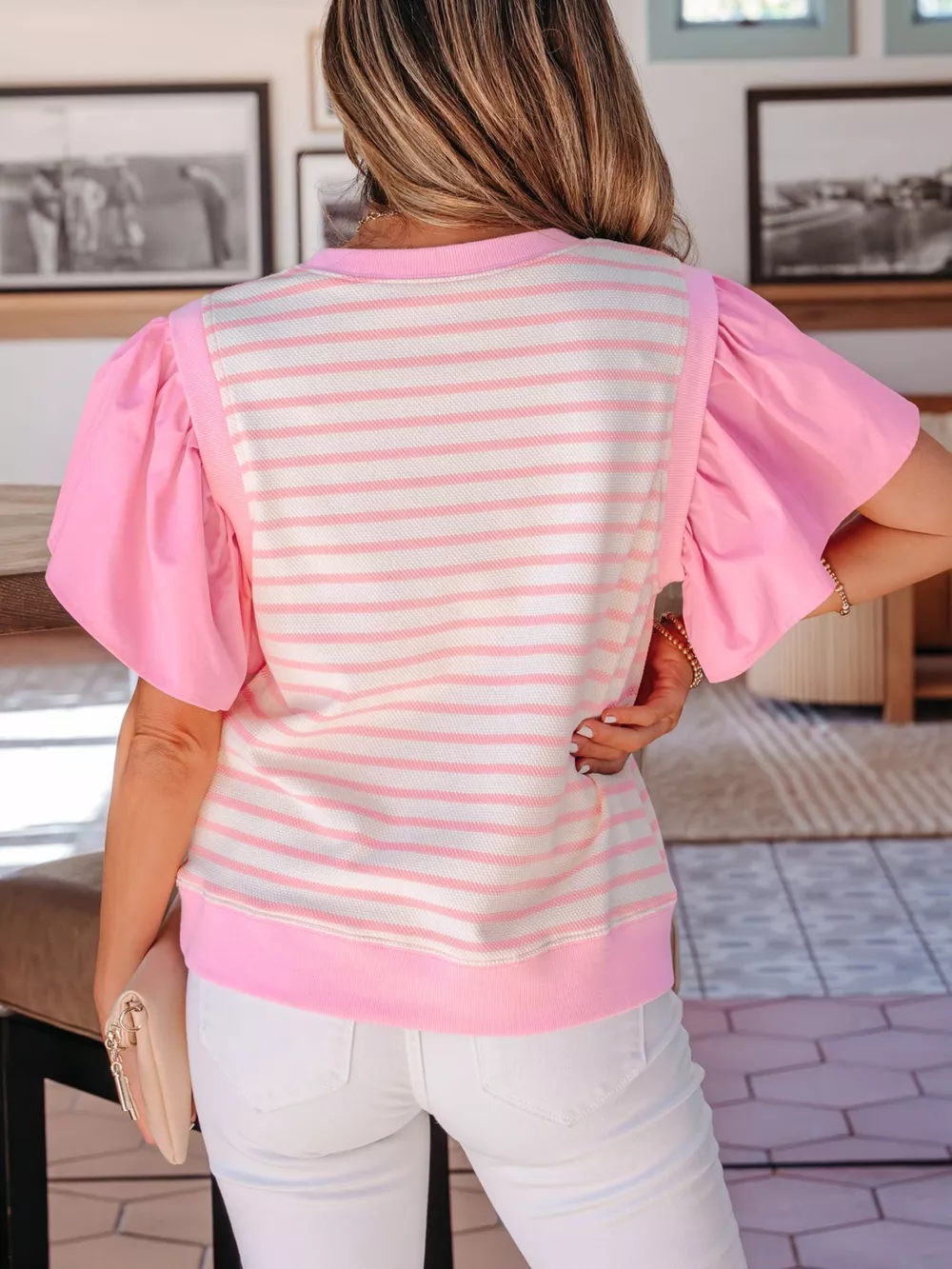Stripe Ruffled Short Sleeve Patchwork Blouse, image 3