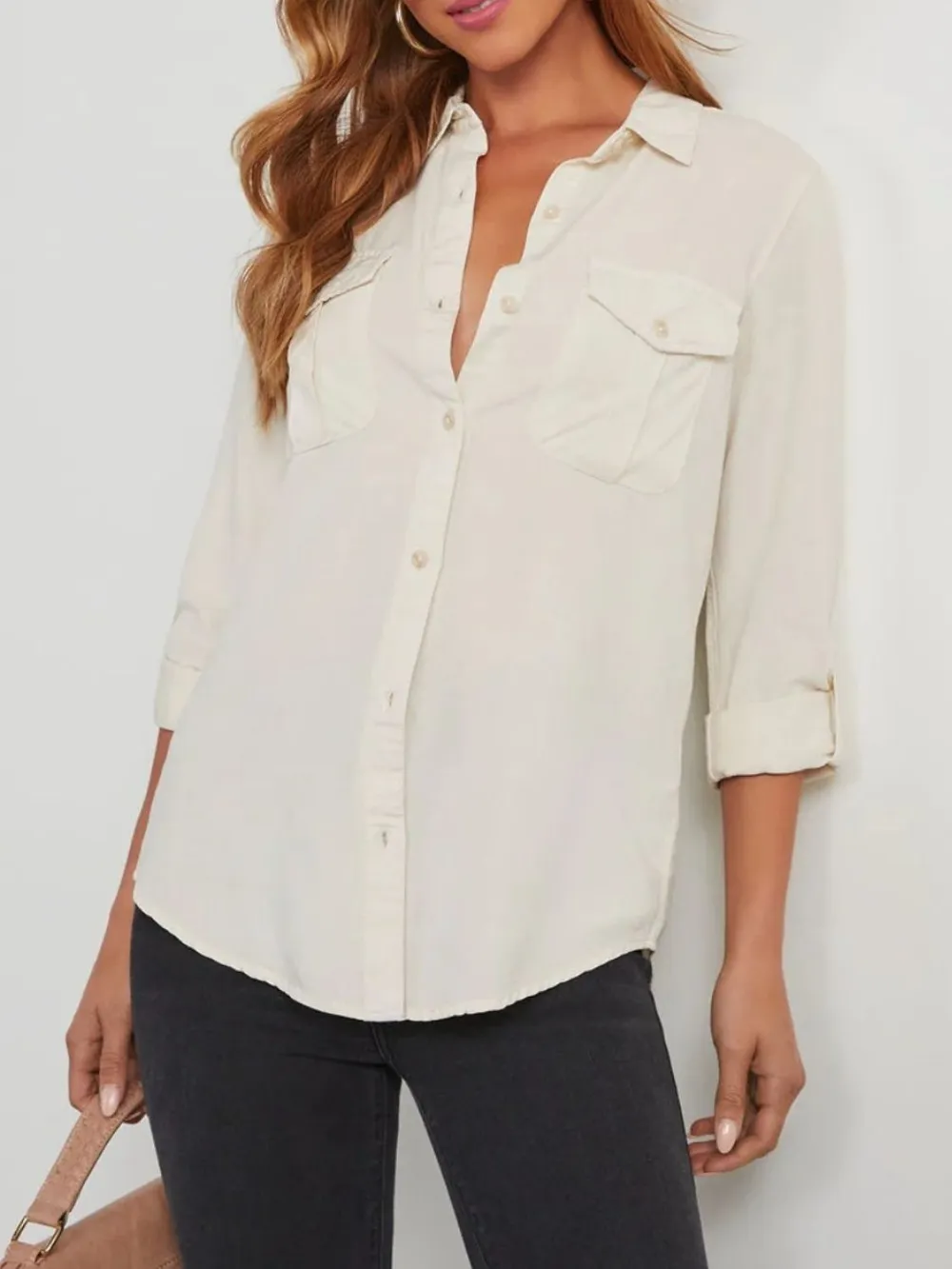 Collared Neck Roll-Tab Sleeve Denim Top, image 3