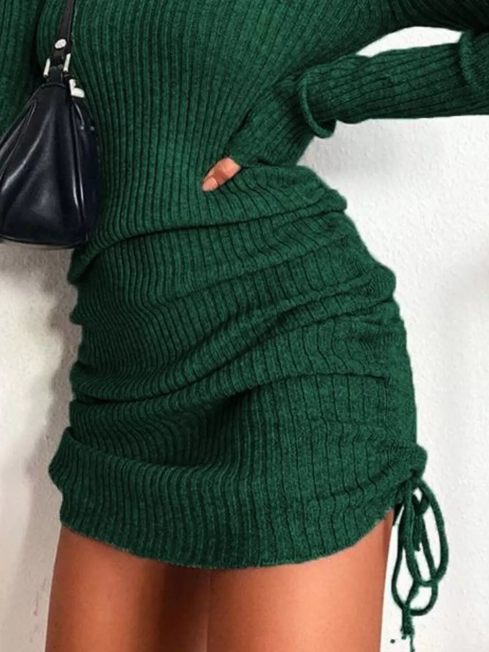 Full Size Ribbed Knit Drawstring Bodycon Sweater Dress Plus Size, image 4