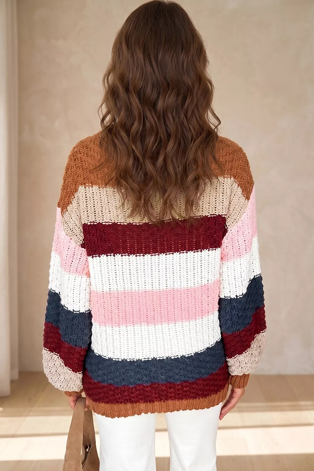 Striped Knit Dropped Shoulder Round Neck Sweater, image 4